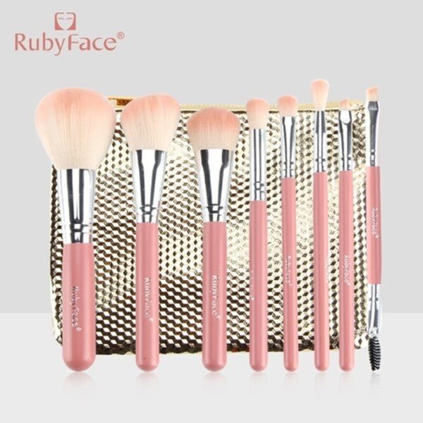 (Dorado)RubyFace Set Brocha Maquillaje De 8 Piezas Con Cartera