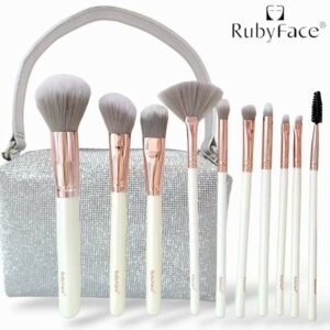 (Blanco)RubyFace Set Brocha Maquillaje De 10 Piezas Con Cartera