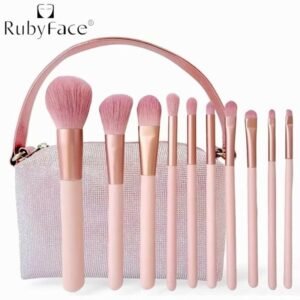 (Rosado)RubyFace Set Brocha Maquillaje De 10 Piezas Con Cartera