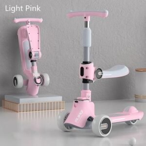(Rosado)Scooter Luz Led Plegable Triscooter Para Ninos