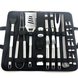 set parrillero de 27 accesorios, material acero inoxidable
