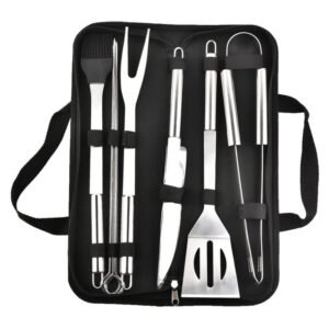 set parrillero de 9 accesorios, material acero inoxidable
